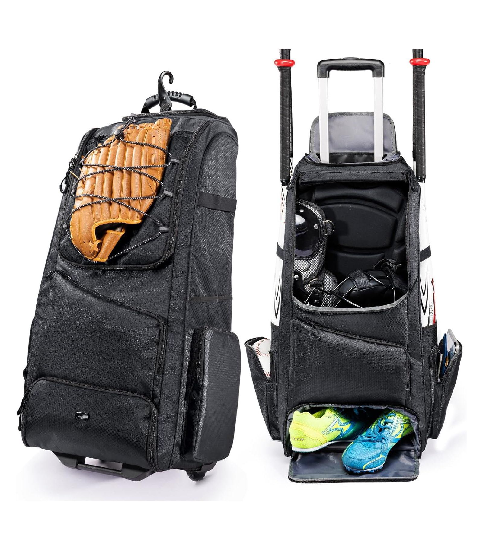 Furlihong 60L спортивная сумка на колесиках для бейсбола - молодежная сумка для экипировки, вмещает 4 бита, с отделениями для обуви и крючком для забора, для мальчиков и девочек от 8 лет