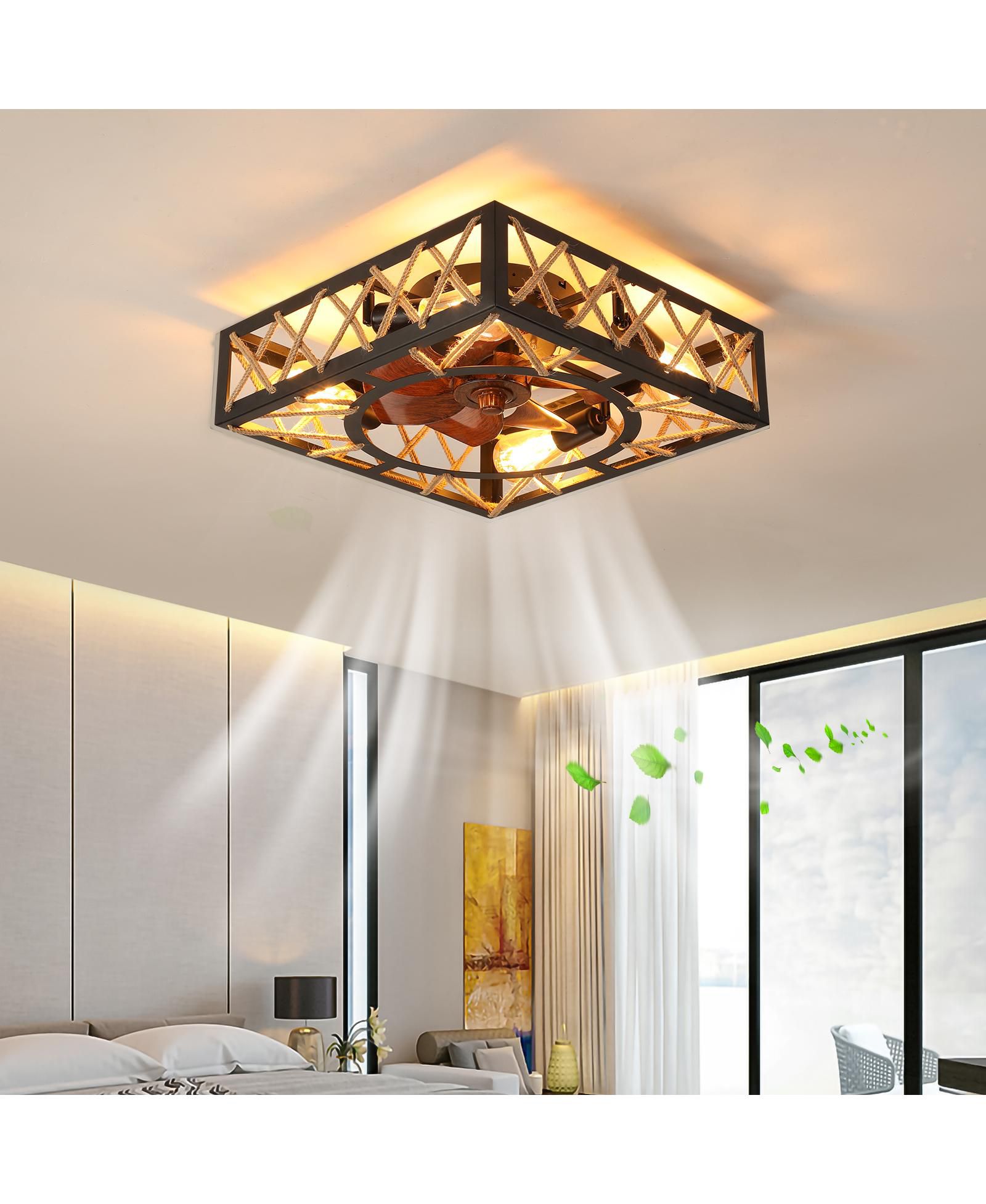 Clihome Farmhouse Rustic Ceiling Fan, Square Caged Industrial Ceiling Fixture with 6 Speeds