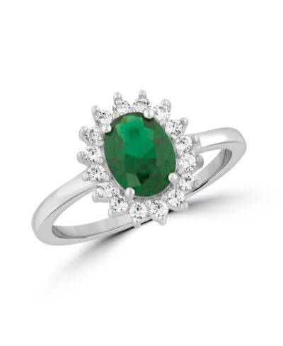 Simona Elegant Oval Emerald Halo CZ Flower Design Ring