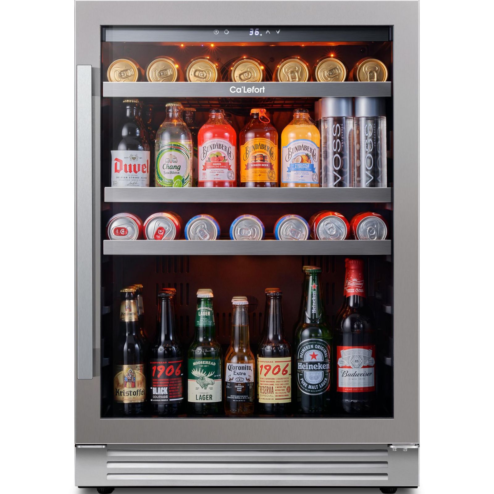 CaLefort 24 Inch Beverage Refrigerator Cooler, 180 Can Capacity, Glass Door, Built In or Freestanding, 5.65 Cubic Feet, 34 to 54 Degrees Fahrenheit