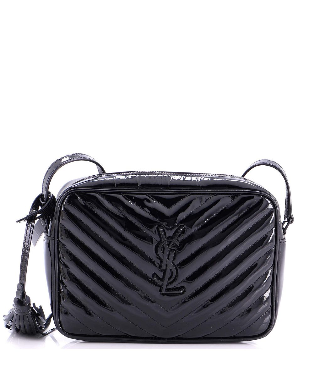 Б/у сумка Saint Laurent Small Lou Camera Bag из лакированной кожи с ромбовидной стеганой отделкой