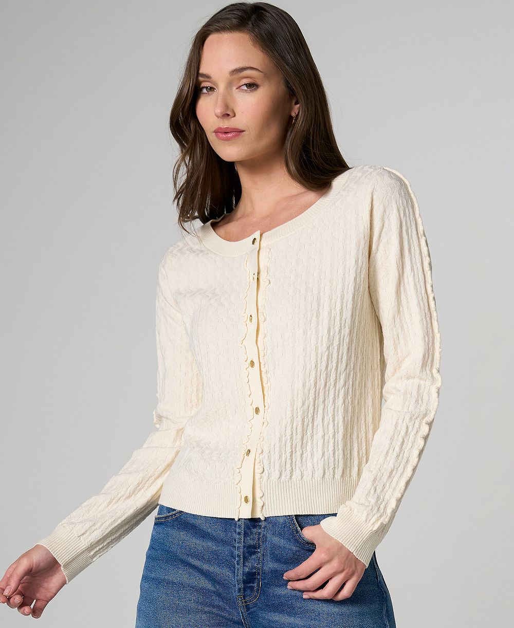 Liverpool Los Angeles Petite Button-Front Ruffle Trim Cardigan Sweater