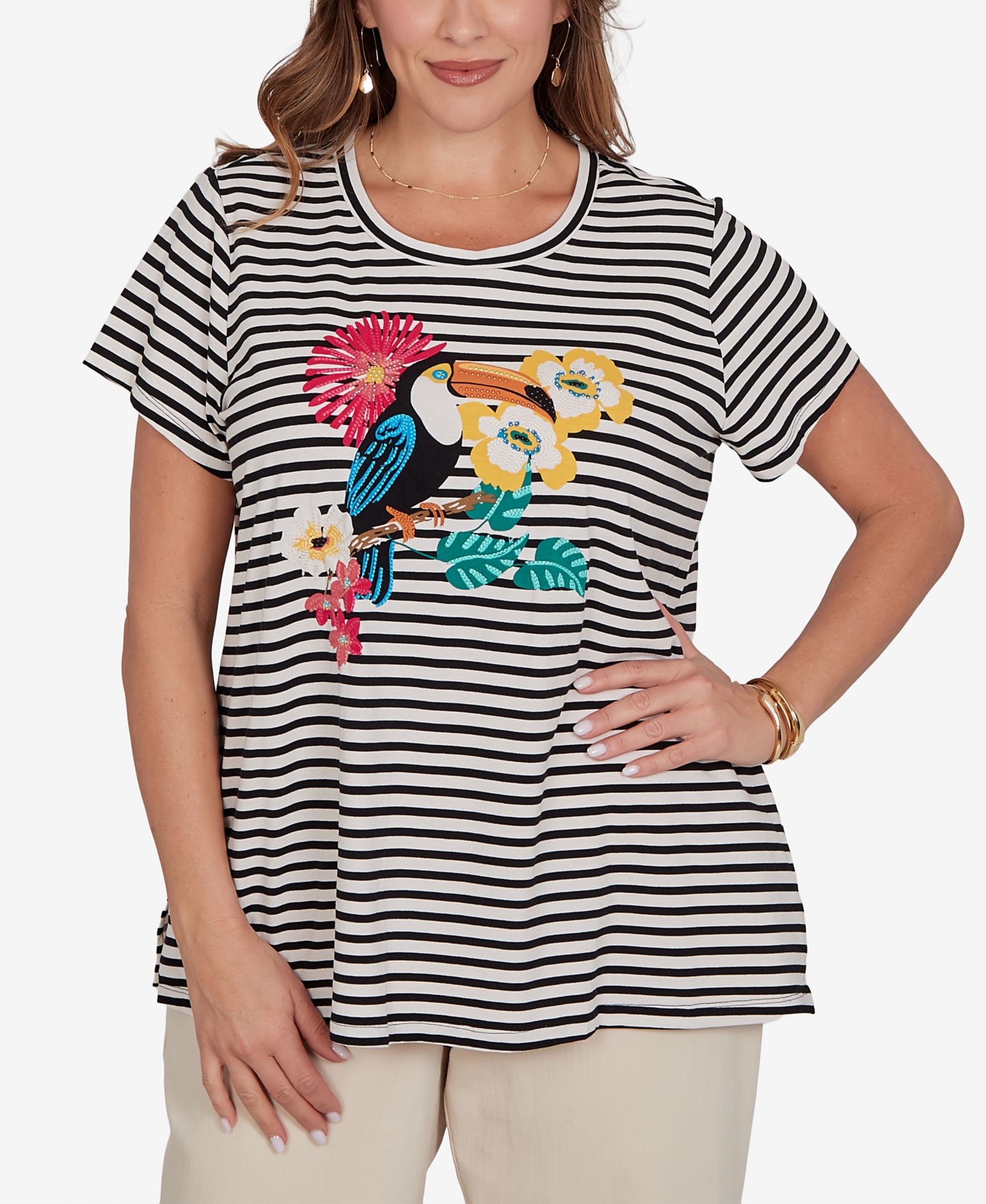 Ruby Rd. Plus Size Embellished Toucan Stripe Knit T-Shirt