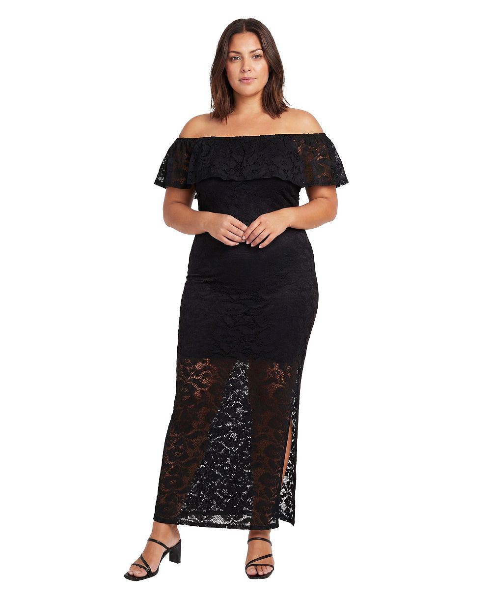 24seven Comfort Apparel Plus Size Elevate Curvy Lace Off-the-Shoulder Side Slit Bodycon Maxi Dress