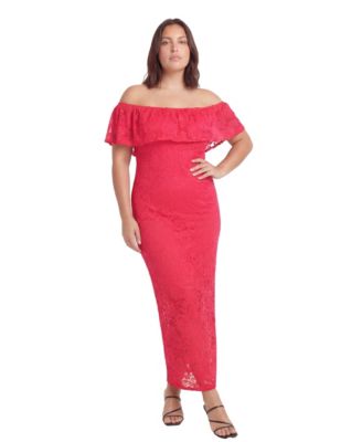 24seven Comfort Apparel Plus Size Elevate Curvy Lace Off-the-Shoulder Side Slit Bodycon Maxi Dress