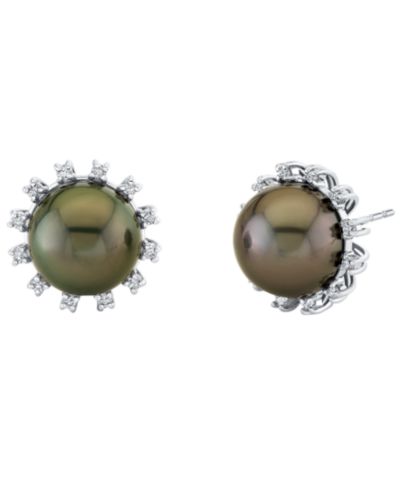 Серьги с культивированным таитянским жемчугом (10mm) и бриллиантом (1/4 ct. t.w.) из белого золота 10k