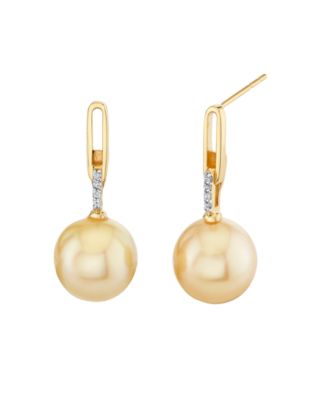 Macy's Cultured Golden South Sea Pearl (9mm) & Diamond Accent Drop Earrings in 10k Yellow Gold