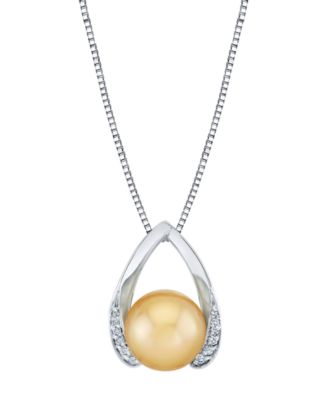Macy's Cultured Golden South Sea Pearl (10mm) & Diamond (1/10 ct. t.w.) Pendant Necklace in Sterling Silver