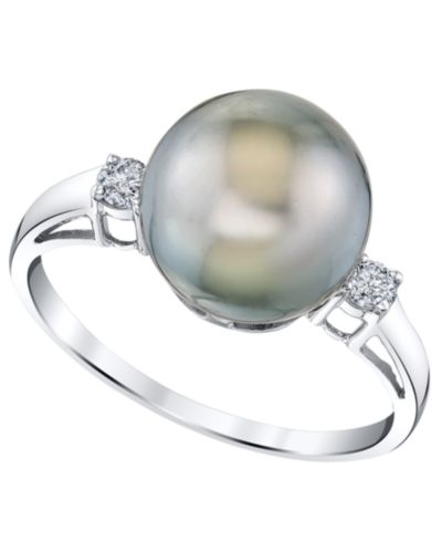 Macy's Cultured Tahitian Pearl (10mm) & Diamond (1/8 ct. t.w.) Ring in Sterling Silver