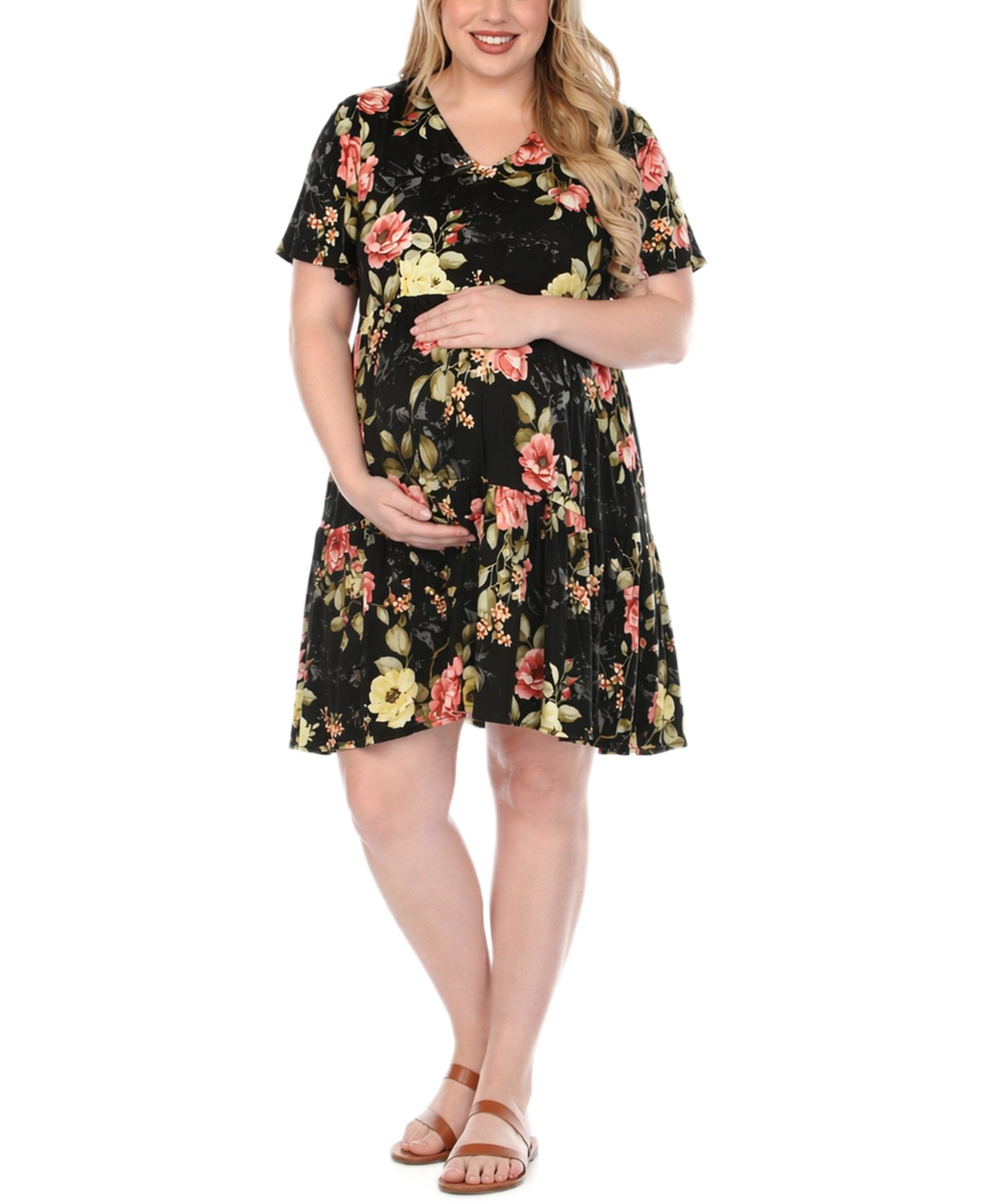 Женское цветочное платье White Mark Plus Size Short-Sleeve V-Neck Maternity