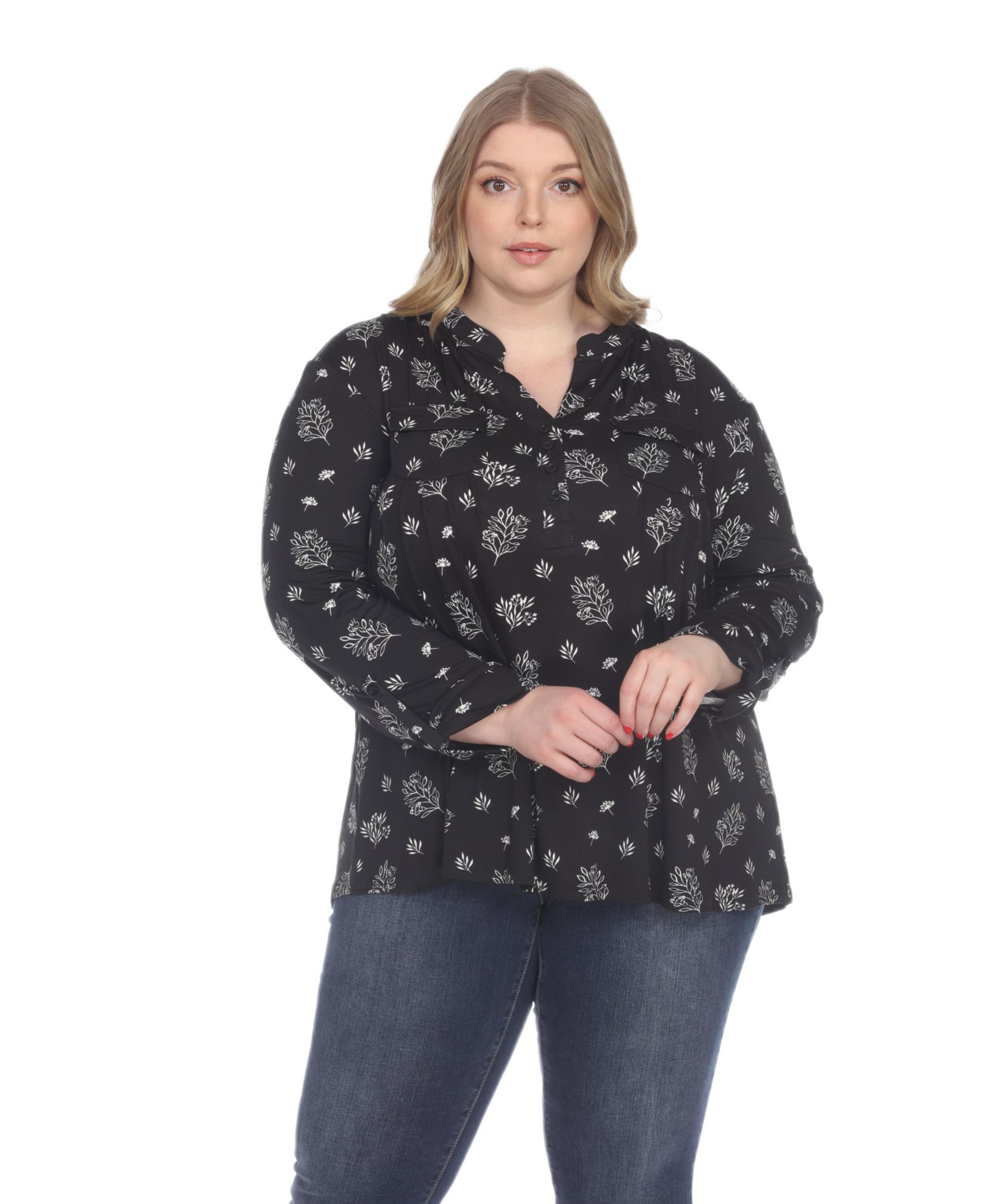 White Mark Plus Size Printed Long-Sleeve Button-Front Top