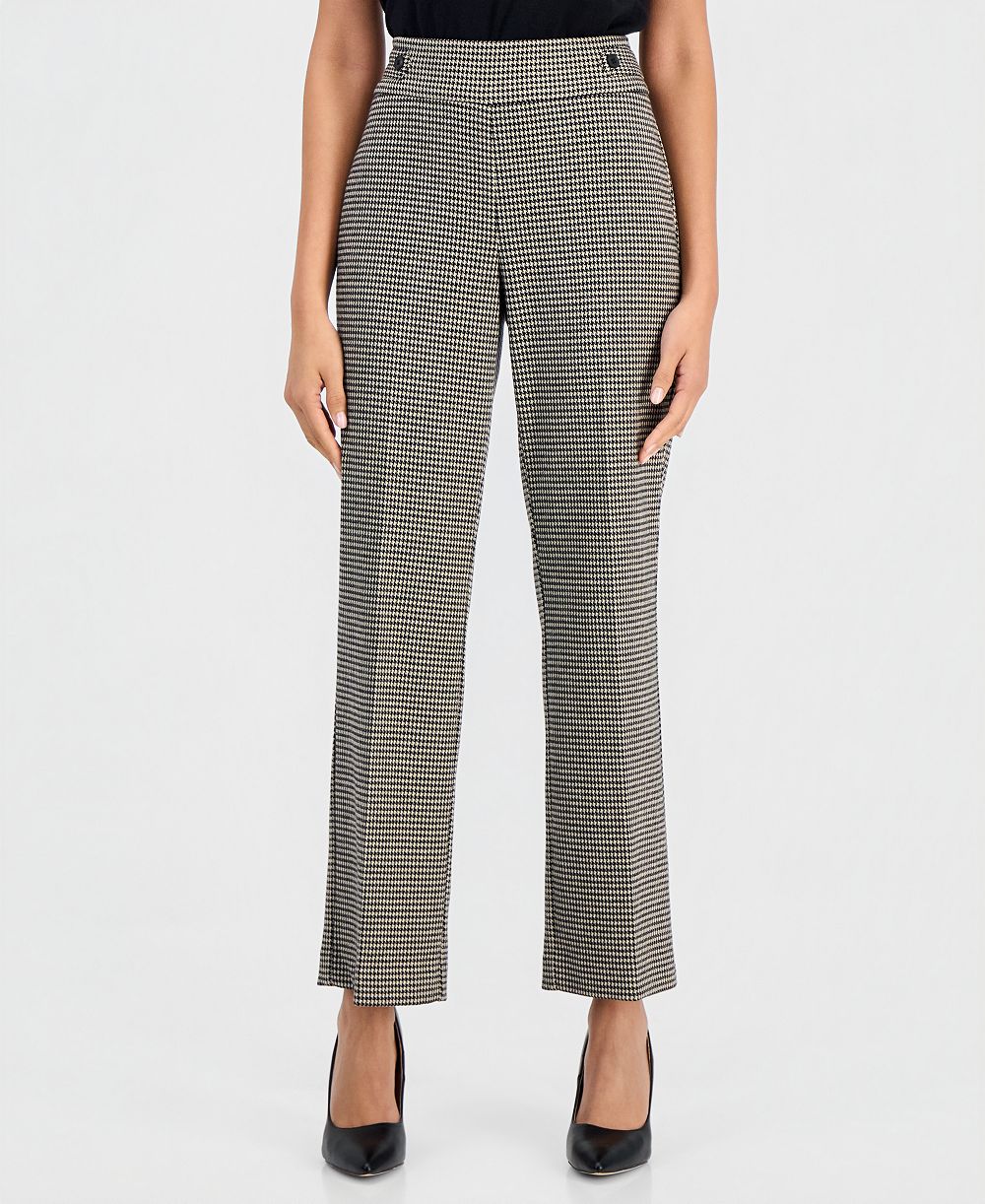 Anne Klein Essentials Petite Houndstooth Pull-On Mid-Rise Trouser, 28-1/2" Inseam