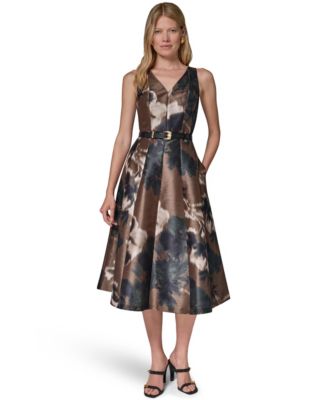 Donna Karan New York Women's Dupion Print Belted Midi Dress