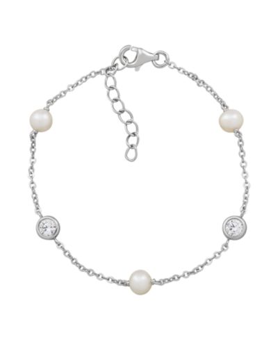 Arabella Cultured Freshwater Pearl (5-5.5mm) White Cubic Zirconia (9/10 ct. t.w.) Bracelet in Sterling Silver