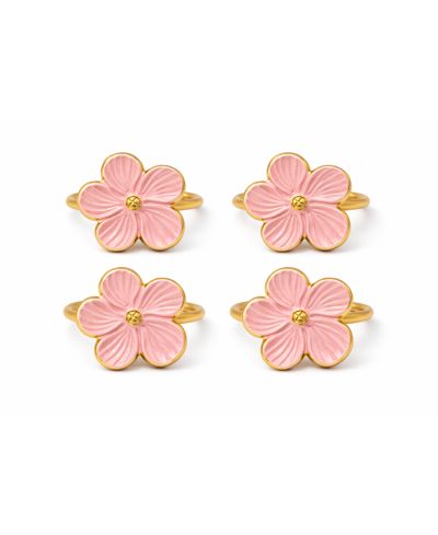 Dainty Home Pink Enamel Flower Napkin Rings Set of 4, Metal Floral Table Decor