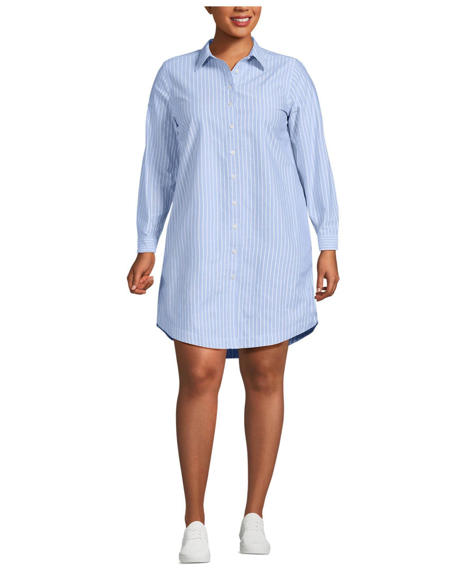 Lands' End Women's Plus Size Oxford Long Sleeve Button Front Shirt Dress