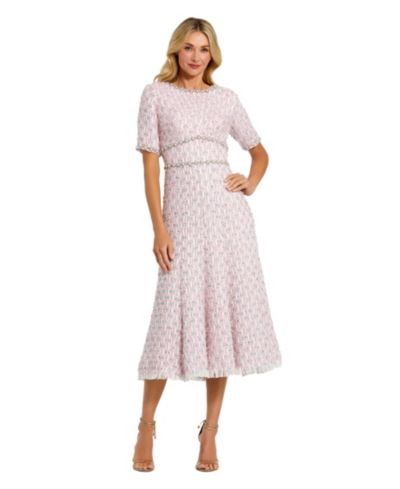 Mac Duggal Women's Short Sleeve Beaded Trim Boucle Midi Dress