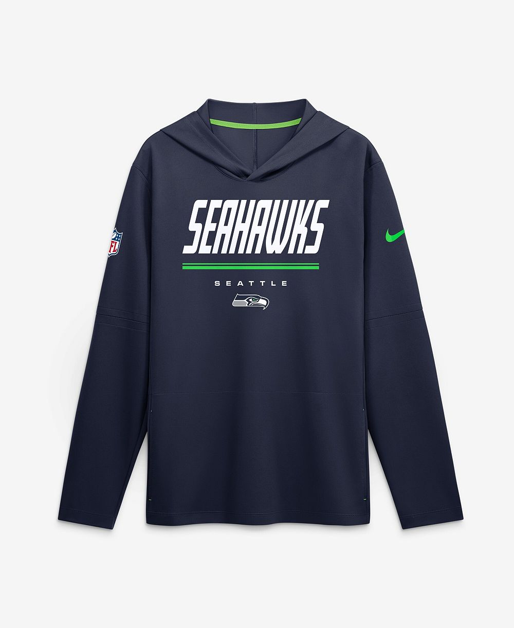 Nike Мужская футболка Dri-FIT с длинным рукавом и капюшоном, Seattle Seahawks Sideline, темно-синий