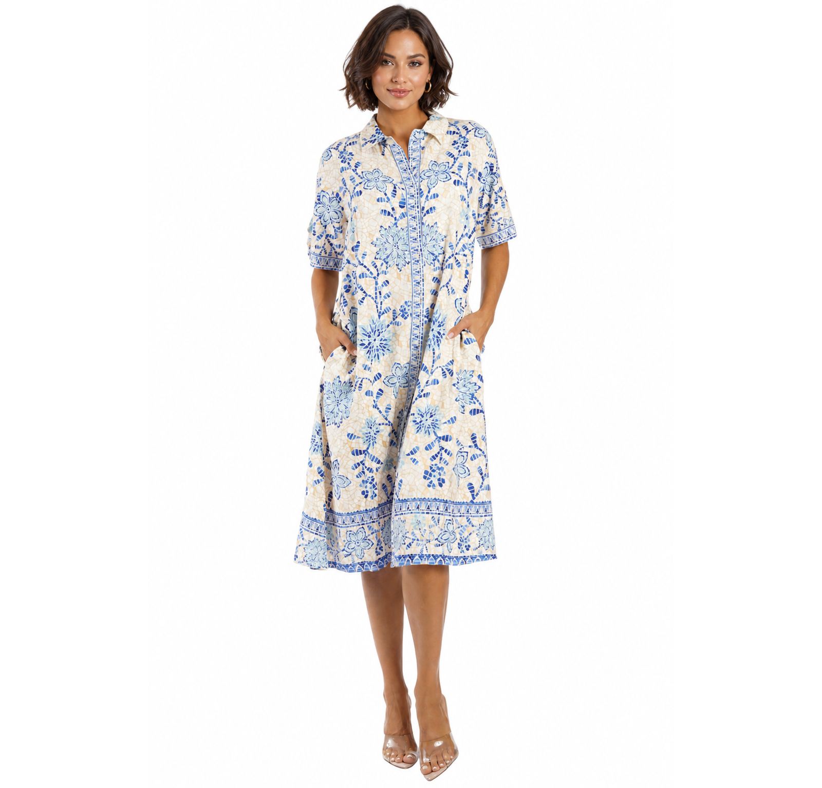 LA MODA CLOTHING Women's Club Moda Blue Floral Button-Front Shirt Dress - Short Sleeve Midi Resort Wear Summer Vacation Dress