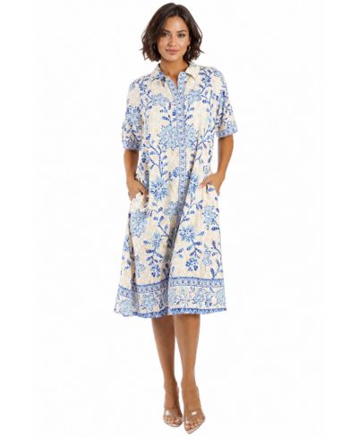 Женское платье-рубашка LA MODA CLOTHING Blue Floral Short Sleeve Midi
