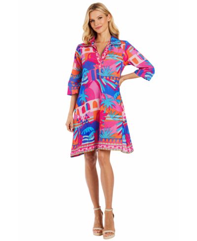 LA MODA CLOTHING Women's Club Moda Tropical Palm Print Resort Dress - Collared A-Line Vacation Dress with 3/4 Sleeves
