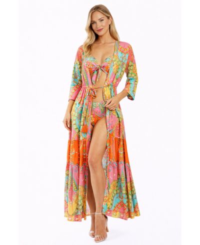 LA MODA CLOTHING Женское пляжное платье макси с тропическим узором пейсли, на пуговицах с V-образным вырезом и завязками на талии