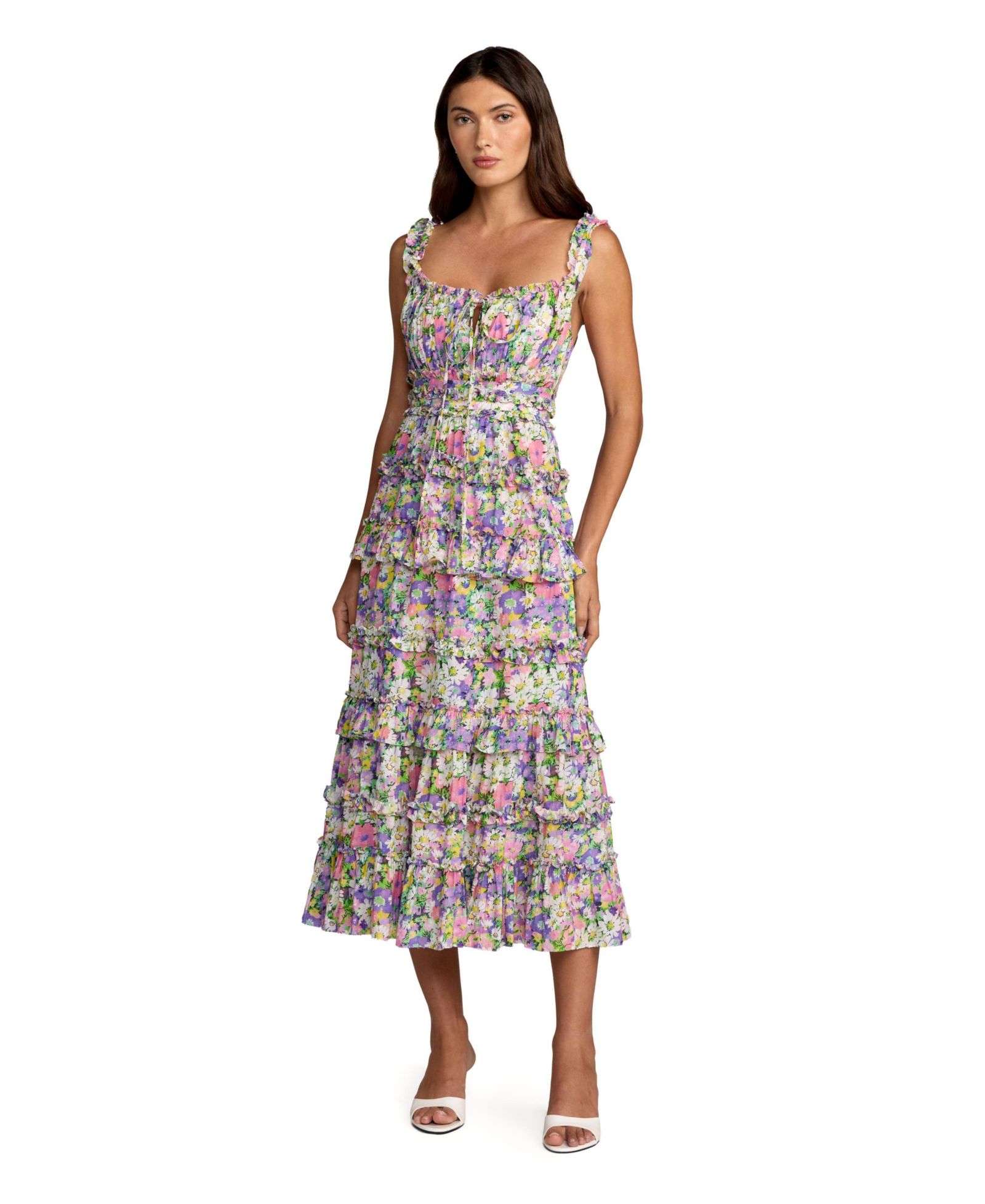 Mac Duggal Women's Multicolor Floral Ruffle A-Line Cotton Midi Dress