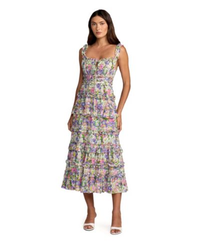 Mac Duggal Women's Multicolor Floral Ruffle A-Line Cotton Midi Dress