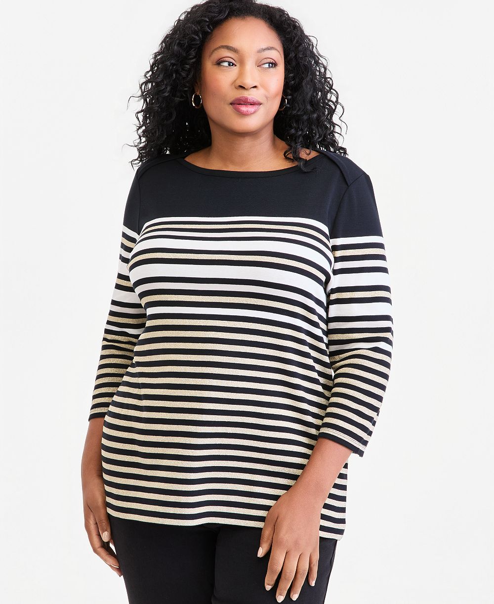 Style & Co Plus Printed 3/4 Sleeve Boat-Neck Top, Macy's Exclusive