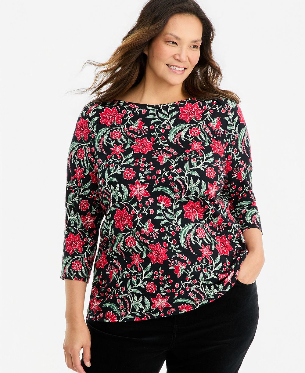 Style & Co топ из пима с принтом и вырезом лодочка, 3/4 рукава, плюс размер, эксклюзив Macy's