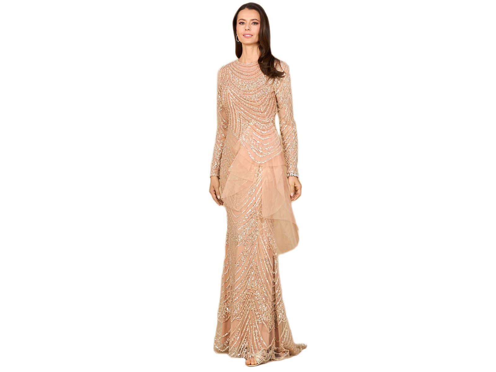 Lara Women's Beaded Long Sleeve Gown with Tulle Applique