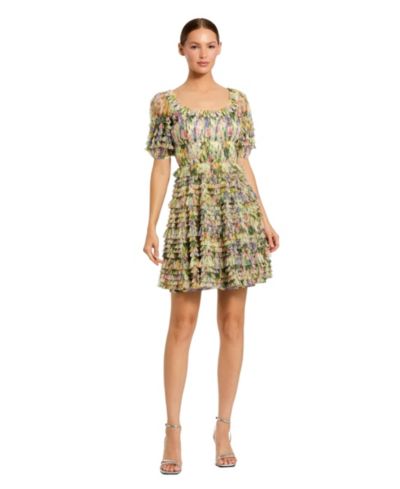 Mac Duggal Women's Floral Mesh Puff Sleeve Ruffle Mini Dress