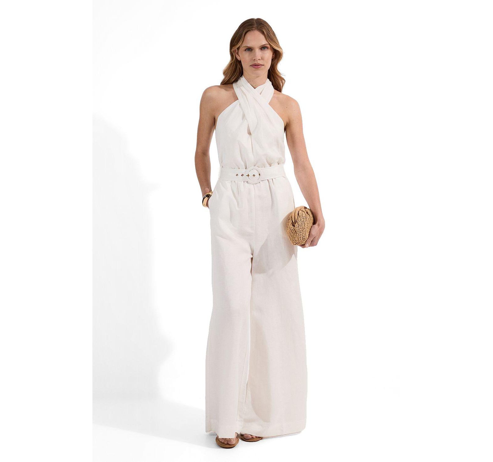Karen Millen Women's Linen Blend Wide Leg Belted Jumpsuit
