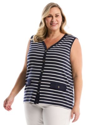 Rafaella Plus Size Striped Button-Front Sleeveless Tank Top