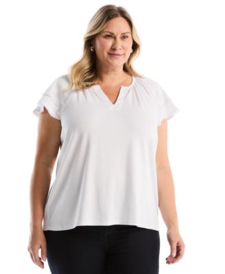 Rafaella Plus Size Eyelet Flutter-Sleeve Split Neck Short-Sleeve Top