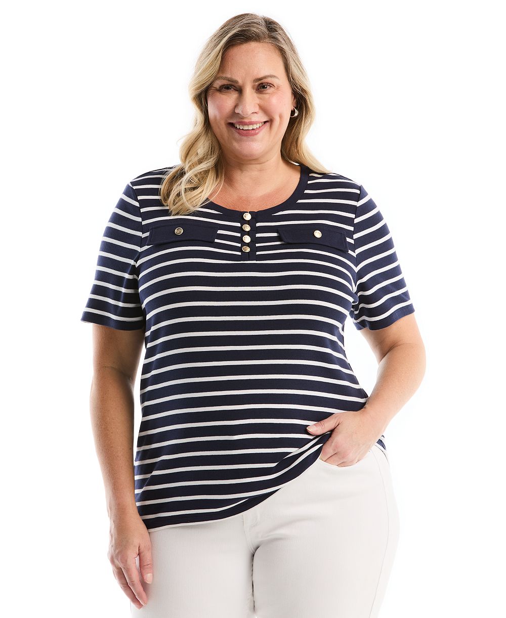 Rafaella Plus Size Striped Welt Pocket Button Detail Short-Sleeve Top