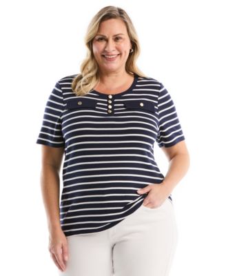 Rafaella Plus Size Striped Welt Pocket Button Detail Short-Sleeve Top