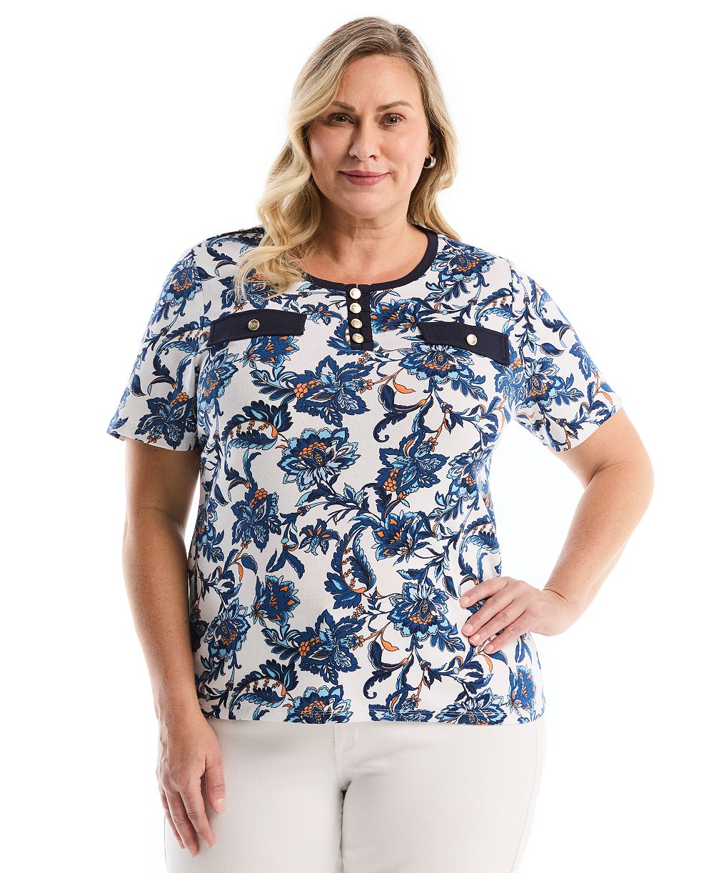 Rafaella Plus Size ботанический топ с коротким рукавом и пуговицами