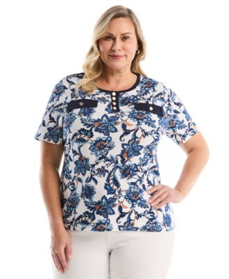 Rafaella Plus Size Botanical Welt Pocket Button Detail Short-Sleeve Top
