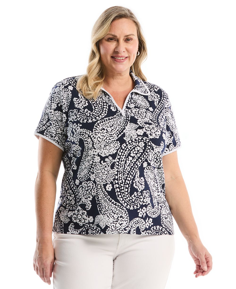 Rafaella Plus Size Paisley Print Contrast Trim Johnny Collar Short-Sleeve Polo Shirt