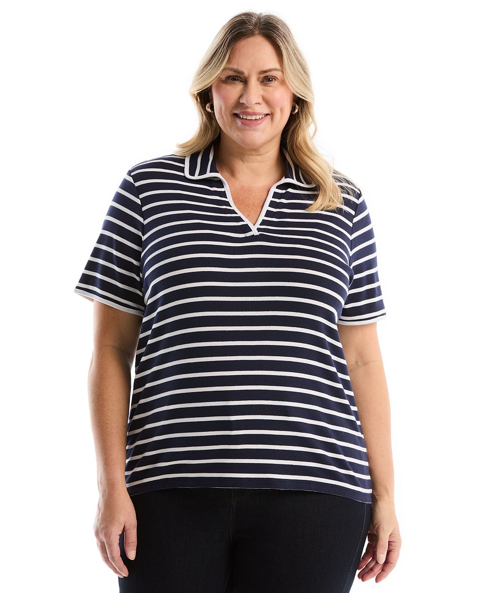 Поло рубашка Rafaella Plus Size Striped Johnny Collar с коротким рукавом