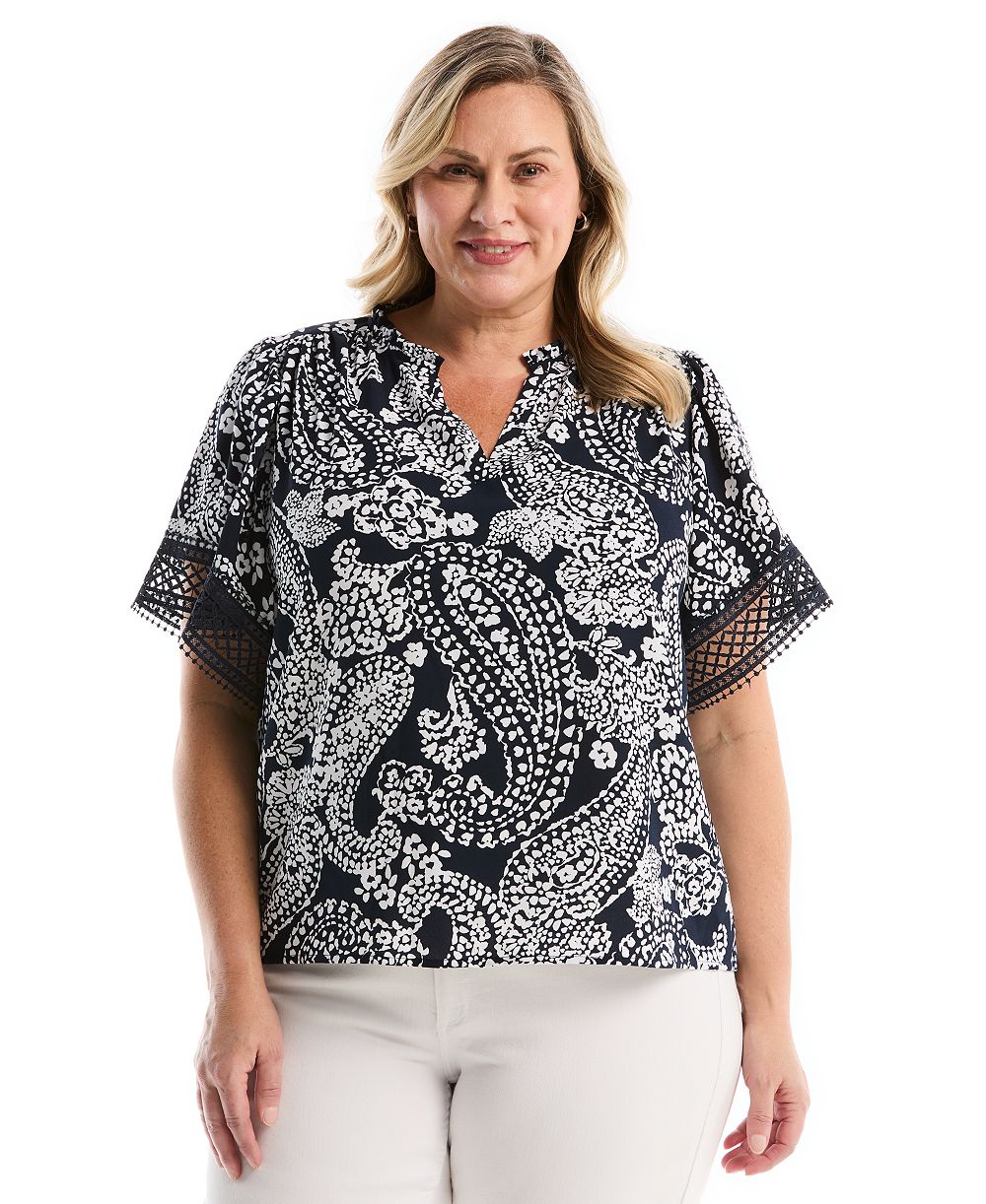 Женская блузка Rafaella Plus Size Paisley Print Flutter Lace с коротким рукавом