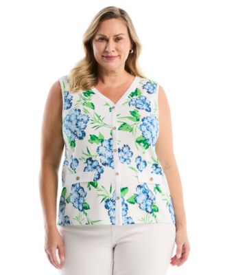 Rafaella Plus Size Pom Floral Print Button-Front Sleeveless Tank Top