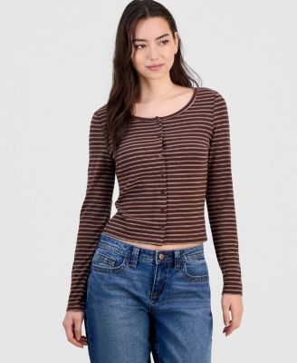 Hippie Rose Juniors' Button-Front Long-Sleeve Top