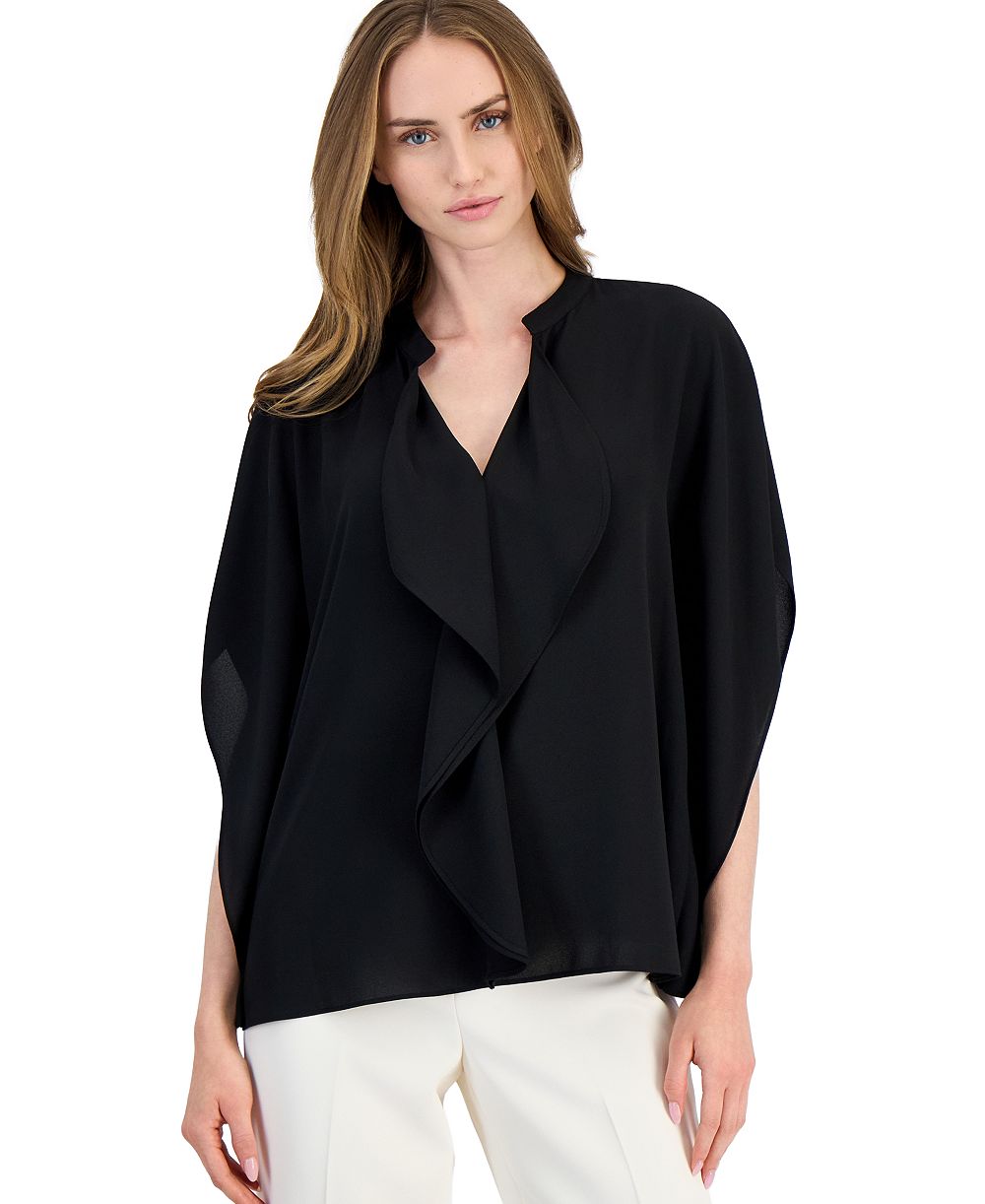 Anne Klein Petite Dolman Flutter Y-Neck Chiffon Blouse