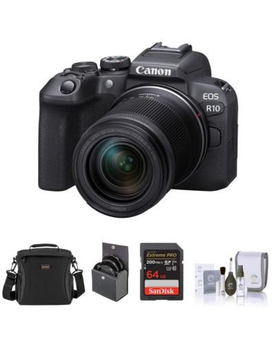 Зеркальный фотоаппарат Canon EOS R10 с объективом RF-S 18-150mm f3.5-6.3 IS STM, комплект с картой памяти 64GB, сумкой через плечо, набором фильтров 55mm и набором для чистки