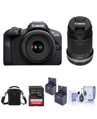 Зеркальный фотоаппарат Canon EOS R100 с объективами RF-S 18-45mm f4.5-6.3 и RF-S 55-210mm f/5-7.1, комплект с картой памяти, сумкой через плечо и набором фильтров