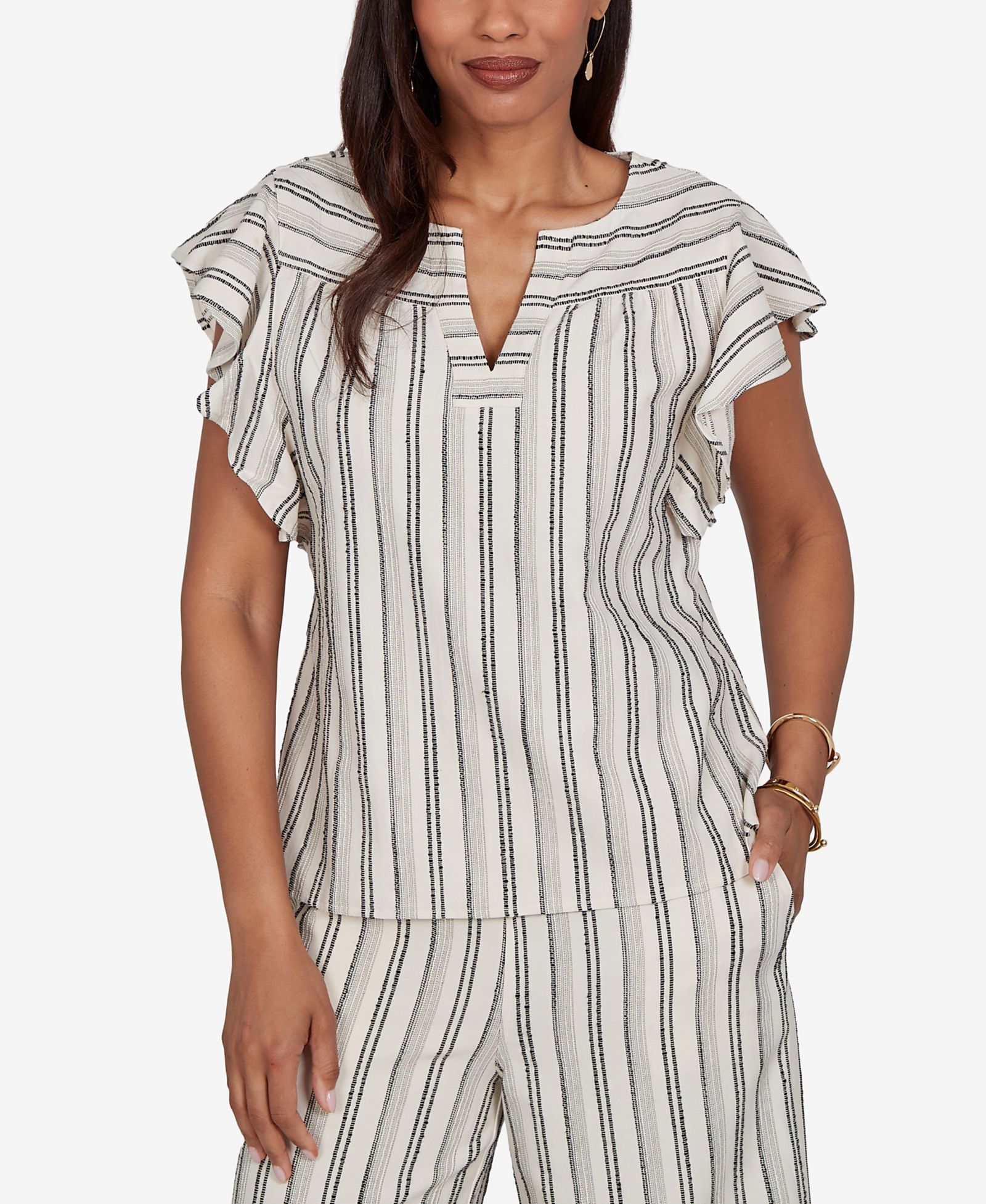 Ruby Rd. Petite Flutter-Sleeve Textured Stripe Top