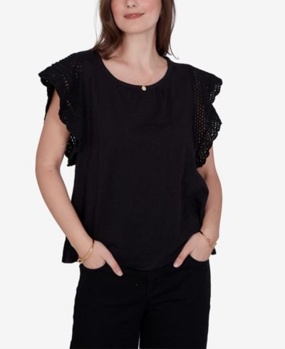 Ruby Rd. Petite Crochet-Sleeve Solid Cotton Blouse