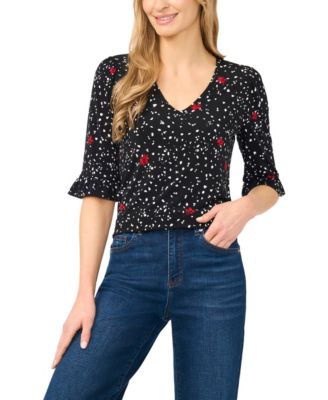 CeCe Women's Print V-Neck 3/4-Sleeve Ruffled Cuff Blouse